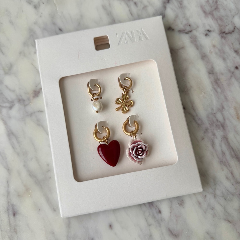 ♥️ ZARA Charm Earrings Rose Heart Pearl Clover